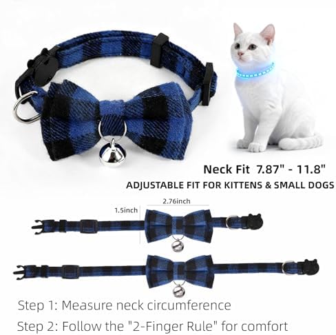 Plaid Breakaway Cat Collar with Bell & Removable Bow Tie – Cotton Kitten Collar with Bells for Boy Cats or Small Dogs. Adjustable Size 7.5-12.2in (1, Red)