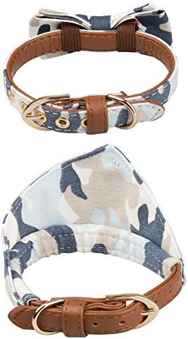 Small Dog Collar Set, 2Pcs Puppy Cat Collar with Bow Tie & Bandana, Durable PU Leather Canvas Tiny Pet Scarf for Small Breed Pets camo-Blue