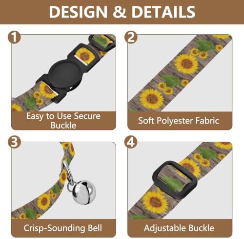 2 Pack Cats Collar Sunflowers Green Leaf Wooden Collar with Bell for Dog Puppy, Adjustable 10.6 to 17.1 Inches