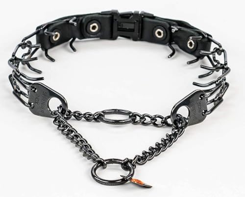 Herm Sprenger Quick Release Dog Training Collar Black Stainless Steel No Pull Collar Easy Leather Buckle Release Unique Tactical Look for Small Dogs (12-19" Neck 2.25mm Links)