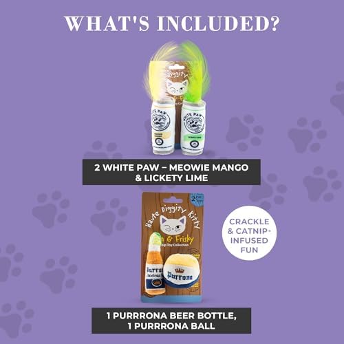 Haute Diggity Kitty White Paw + Purrrona Bottle & Ball, Soft Plush Cat Toys