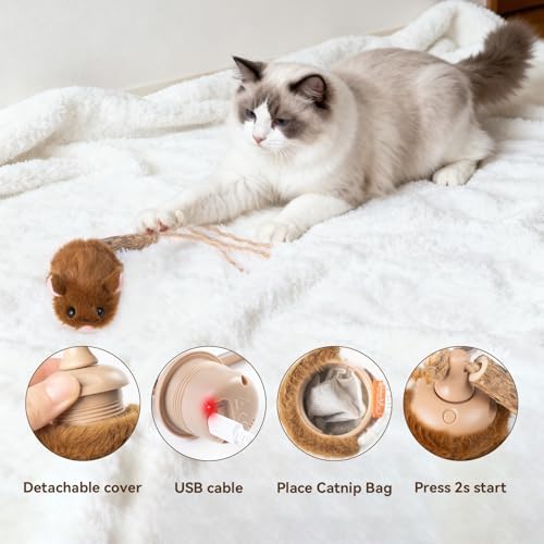 Migipaws Interactive MigiMouse Cat Toy 360° Rolling & Spin with Wiggling Tail for Indoor Cats Smart Motion Sensor, Realistic Squeak, Rechargeable Plush Kitten Toy (Brown)