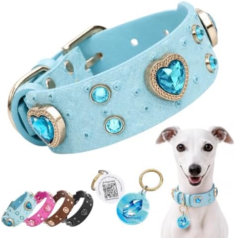 Rhinestone Dog Collar with QR ID Tag, Ostrich-Embossed, Blue, M | Crystal Dog Collar with Ostrich-Embossed Texture, Adjustable Waterproof Fit and QR Scan Pet ID for Stylish Daily Wear