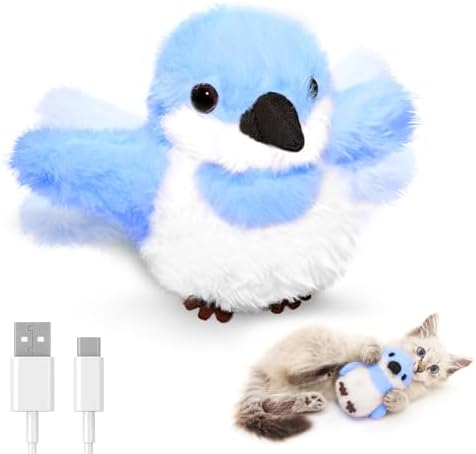 Petbobi Flappy Bird Cat Toy - Realistic Interactive Cat Toy with Sparrow Bird Chirp Tweet Flapping Wings (Non-Flying Design), Rechargeable Motion-Activated Catnip Toys for All Breeds Kittens, Blue
