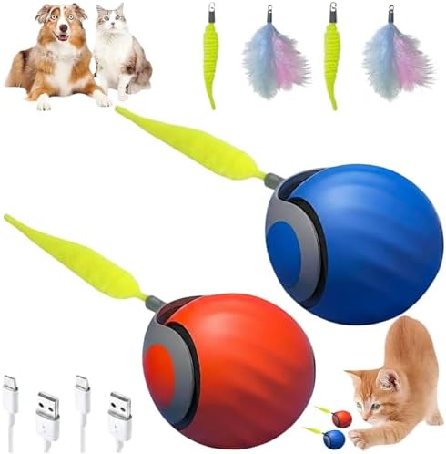 Speedy Tail 2.0 Cat Toy, 2PCS Automatic Interactive Cat Toy with Tail, Electric Rolling Ball for Indoor Cats on Carpet, USB Rechargeable with Dual-Speed Adjustment, Feather Attachment, Orange & Blue