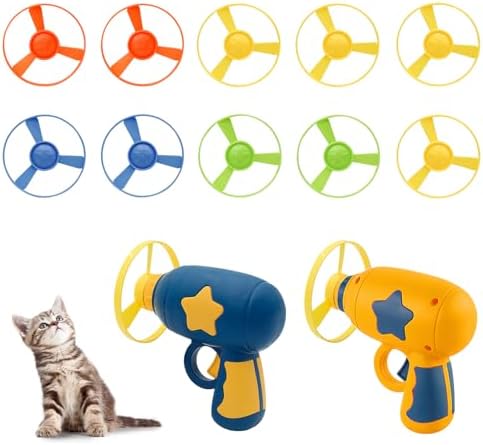Andiker Cat Fetch Toy, Interactive Kitten Flying Disc Launcher Toy with 5 Colorful Flying Propellers for Cat Enrichment, Flying Saucer Toy for Cats for Training and Chasing (Yellow+Navy Blue(10pcs))