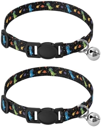 2 Pack Pet Collars Colorful Cartoon Dinosaurs Space Planets Puppy Collar with Bell, Adjustable Length 10.6" to 17.1"