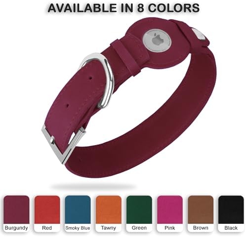 Leather Dog Collar with Airtag Holder - Apple Air Tag Dog Collars - Soft Tracking GPS Pet Collar for Small Medium Large Dogs Breed Puppy (Burgundy, S, 9"-12" Neck Fit)