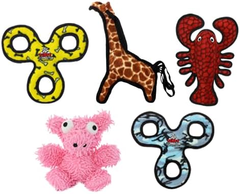 TUFFY® 5 Pack Jr Lobster, 3Way Tug, Pig & Giraffe Durable Plush Dog Toys