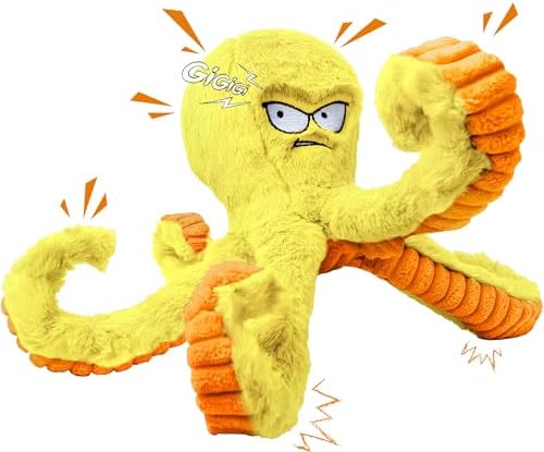 LEGEND SANDY Tough Dog Toys, Squeaky Large Dog Toy, Stuffed Puppy Chew Toys | Soft Fabric, Interactive Daily Companionship, Tug of War Doggie Toy, Training Reward, Crinkle Yellow Octopus