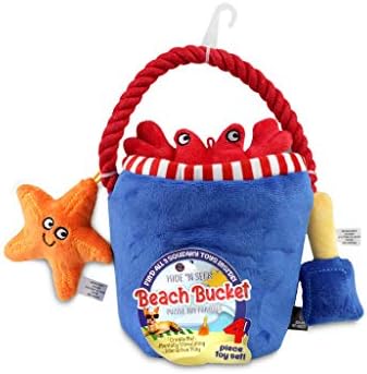 Bow Wow - Pet Beach Bucket 4PC Plush Dog Toy Set with Squeaker | Hide & Seek Interactive Puppy Toys for Small to Medium Dogs | Soft Chew Toys for Indoor Play | Durable Plush | All Life Stages