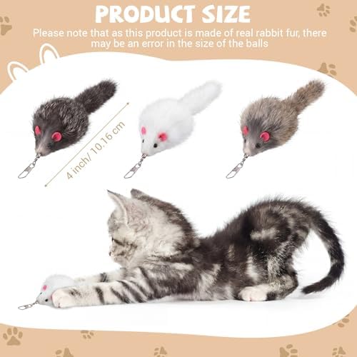 18 Pack Natural Rabbit Fur Cat Toy Refills, Mouse Tail Fur Ball Shaped Cat Toys, Interactive Cats Wand Toy Replacement Head with Secure Connector(Mouse)