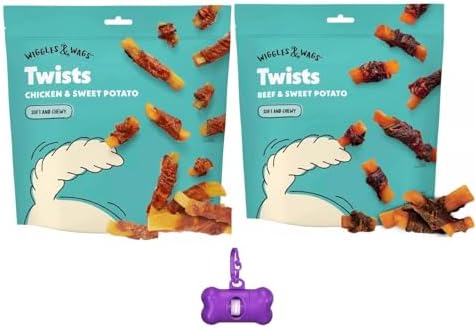 Wiggles & Wags Twists Dog Treats, Chicken & Sweet Potato and Beef & Sweet Potato, Soft and Chewy, 16 oz (Pack of 2), Plus Bone Shaped Waste Bag Dispenser & Roll