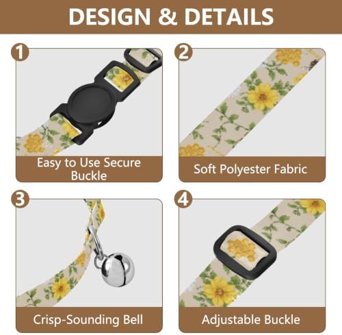Yellow White Flowers Soft Polyester Pet Collar, 2 Pack Cat Collar with Bell