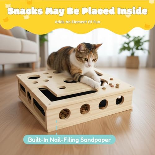 Cat Nail File Enrichment Box - Wooden Scratch & Puzzle Toy with 3 Bell Balls, Sandpaper Pad for Indoor Cat Claw Grinding, Mental Stimulation and Boredom Relief