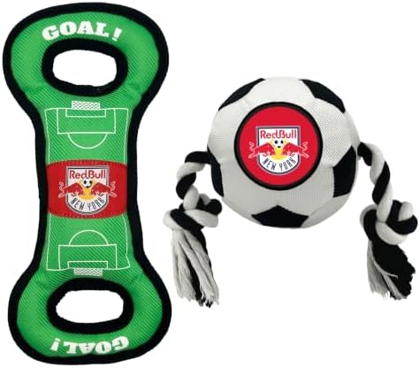 Pets First MLS New York Red Bulls Soccer Field Tug Toy & Soccer Ball Rope Toy Set for Dogs - Officially Licensed Interactive Squeaky Rope Fetch & Chew Toys with Team Logo