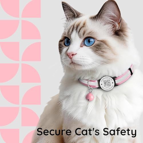Breakaway Cat Collar QR Code, Reflective Bell, Adjustable Kitten Blue/Pink
