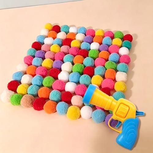 Interactive Cat Ball Launcher Toy with 50 Soft Pom Pom Balls, 3 cm Colorful Plush Ball Cat Toys, Low-Noise Indoor Chase Toy Set for Cats, Kittens, Exercise, Training and Play