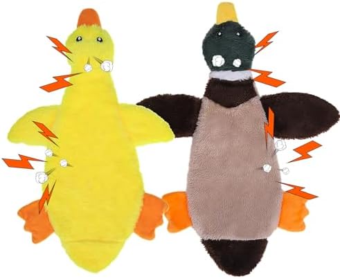 PAWCHIE Squeaky Dog Toys for Small Medium Large Dogs, No Stuffing Crinkle Puppy Toy,Soft Pet Plush Teething Toys 2 Pcs Mess-Free Interactive Chew Toy for Boredom Best Birthday Gift, Yellow & Wild Duck