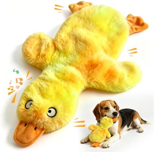 Fuufome No Stuffing Duck Squeaky Dog Toy, Crinkle Plush Chew Toy for Puppy