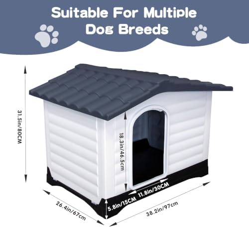 2-Door Small Dog House with Fold-Out Porch and Elevated Base, Gray