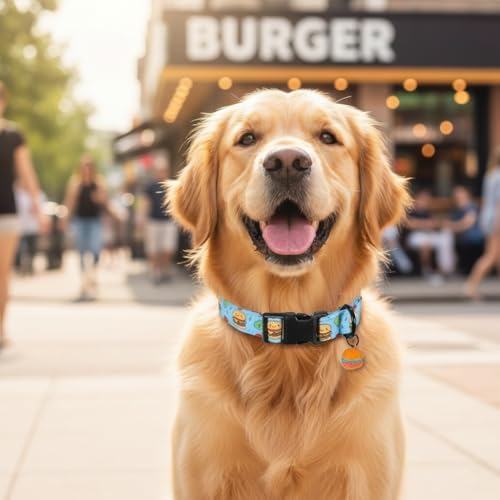 Cute Dog Collar, Blue Dog Collar with Burger Pattern and Cute Charm, Puppy Collar with Quick Release Buckle and Durable Fabric, Suitable for Small Dogs