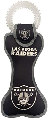 Pets First NFL Las Vegas Raiders Football Dental Tough Dog TUG Bone Toy with Built-in Squeaker Attached to a Safe Rubber Teething Toothbrush PET Toy, Team Color, (OAK-3310), 14 x 5