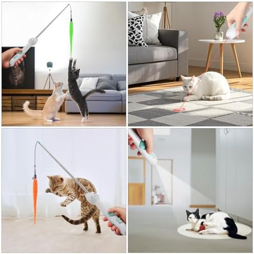 TBTeek Cat Toys Retractable Pole Wand Toy with Feather for Indoor Cats | with Light and 22" Retractable Pole with Feather,Rechargeable,5 Modes, 2in1 Interactive Wand Toy 3 Refills