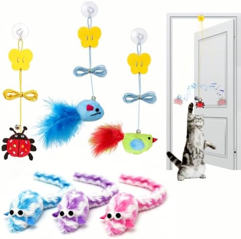 Door Hanging Cat Toy Set, 6 Pack Interactive Self-Play Cat Teaser with Retractable Elastic String, Hanging Door Cat Toys for Indoor Cats Kitten, Boredom Relief, Hunting Instinct, Exercise