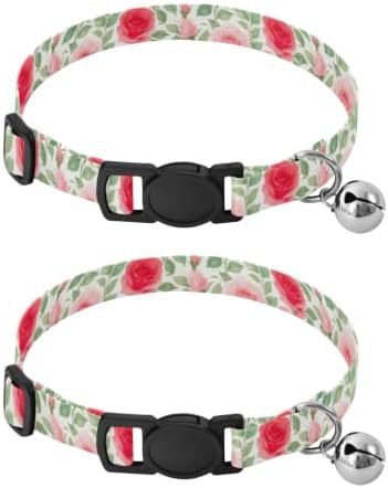 2 Pack Cats Collar Roses Green Leaf Bell Collar for Small Dogs, Adjustable Length 10.6" to 17.1"