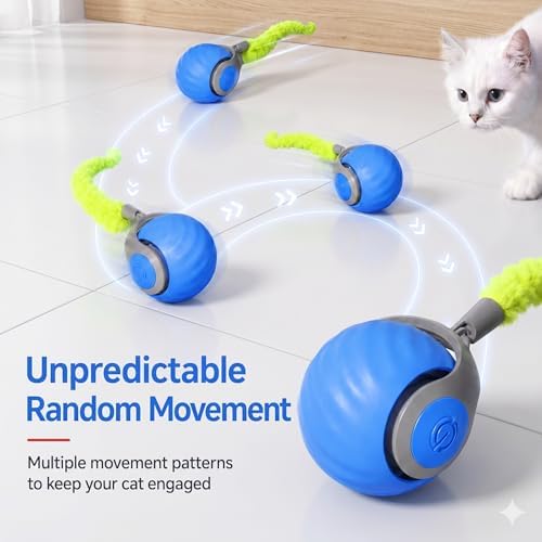 Interactive Rolling Cat Ball Toy, Automatic Moving Cat Toy with Detachable Plush Tail, Dual Speed & Dual Mode Rechargeable Indoor Kitten Exercise Toy（1.97In,0.09lb,Blue）