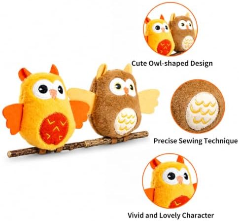 DODODOLA 2 PCS Interactive Cat Toys for Indoor Cats Owl Kitten Toys with 100% Pure Organic Catnip and Movable Silvervine Sticks Kittens Kitty Anxiety Relief Soft Cute Teething Chew Toys (BROWN+ORANGE)