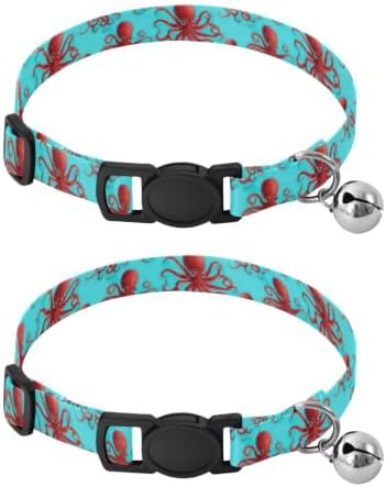 Red Octopuses Aqua Lightweight Pet Collar for Cats and Dogs, 2 Pack Dog Collar with Bell