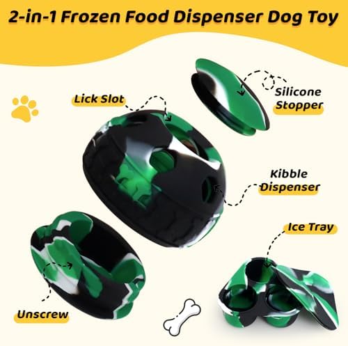 IFOYO Frozen Treat Dog Toy Ball for Small to Medium Dogs Silicone Enrichment Dog Toys to Keep Them Busy Reduce Anxiety Puzzle Treat Dispensing Dog Toy for Slow Food Training (Camouflage Green)