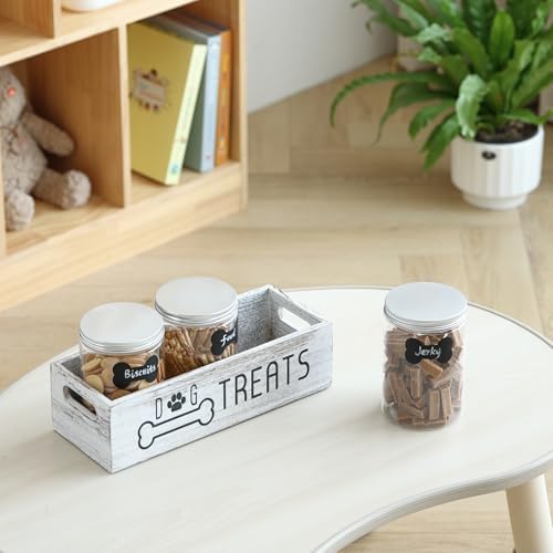 Dog Treat Container with 3 Airtight Jars, Wooden Pet Food Organizer