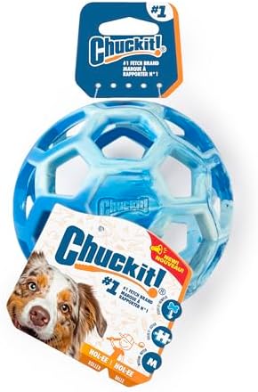Chuckit! Holee Roller Dog Treat Puzzle Ball, Medium (2.5"), Blue – Interactive Treat & Chew Puzzle Toy for Dogs 20–60 lb – Durable Rubber Fetch Ball for Mental Stimulation – Pack of 1