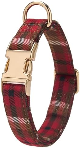 Soft Cotton Dog Collar Classic Plaid Pet Collars with Metal Clasp for Large Dogs with Sensitive Skin, Vintage Red