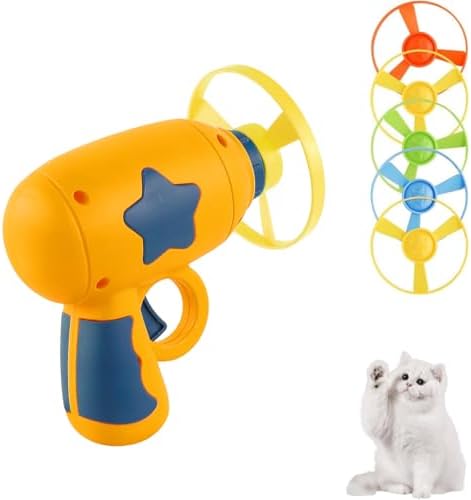 Andiker Cat Fetch Toy, Interactive Kitten Flying Disc Launcher Toy with 5 Colorful Flying Propellers for Cat Enrichment, Flying Saucer Toy for Cats for Training and Chasing (Yellow)