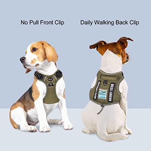 Petmolico No Pull Dog Harness, 2 Leash Clips Tactical Dog Harness Soft Padded Reflective Service Dog Vest with Dog Treat Pouch for Outdoor Walking Training, Army Green Medium