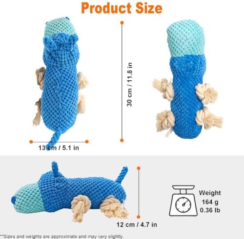 Blue Hippo Plush Chew Dog Toy, 11.8 in, Squeaker and Rope