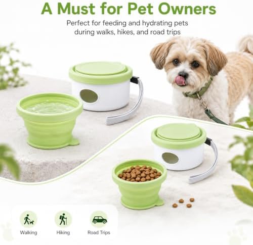 3-in-1 Portable Dog Travel Bowl, Foldable Silicone Pet Walking Container with Treat Storage & Poop Bag Dispenser, Comes with 1 Roll of Poop Bags, Ideal for Hiking, Camping, and Travel, Gray Green.