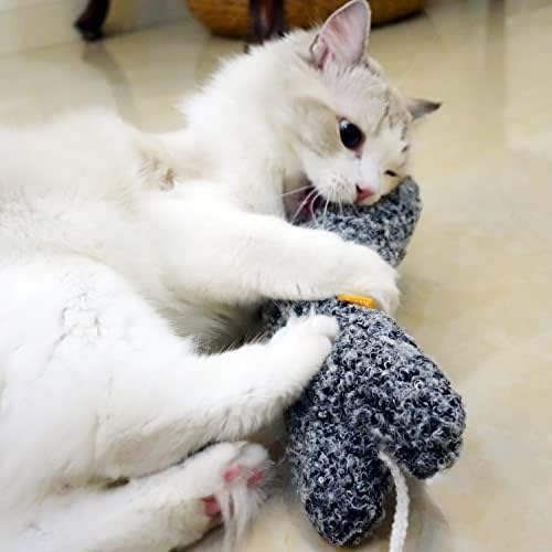 TTcat 14.6 Inch Large Curly Plush Pillow Cat Kicker Toy with Catnip Silvervine Powder, Soft Stuffed Cat Chew Toy with Tail, Interactive Toy for Indoor Cats and Kittens(Grey).