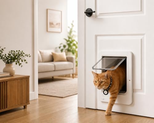Electronic Cat Door with Selective Access, 4-Way Locking Pet Flap with Collar Key Recognition, Prevents Unwanted Pets from Entering, Includes 2 Collar Keys & Remote Control (White)