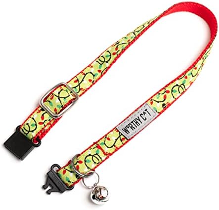 THE WORTHY DOG Christmas Patterns, Breakaway Cat Collar with Bell, Green