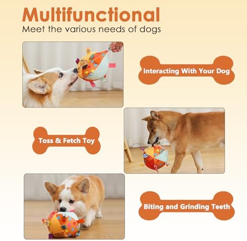 Letalong Dog Squeaky Plush Toy with Straps, 6-Inch Soft Stuffed Ball with Cotton Material and Bell Built-in, Pet Interactive Fetch Toy for Small to Large Dog