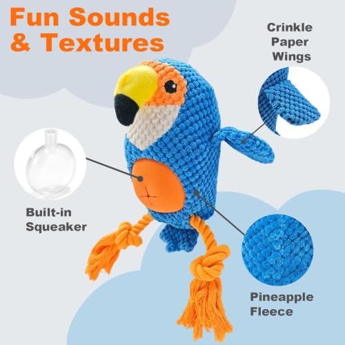 Blue Parrot Bird Dog Chew Toy, 11.0 in, Squeaker Rope Treat Toy