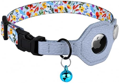 Breakaway Cat Collar with Leather AirTag Holder & Bell - Apple Air Tag Cat Collars for Girls & Boys, Lightweight Anti-Lost GPS Tracker Design, Printed Pattern - Safety and Adjustable (Floral)