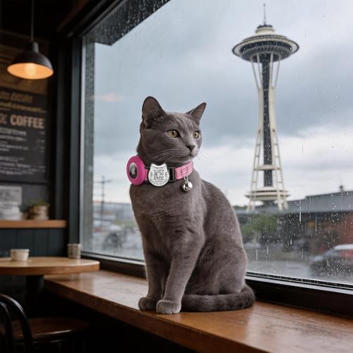 Cat Collar with AirTag Holder, QR Code Tag and Bell (Rose red, Dot Matrix)