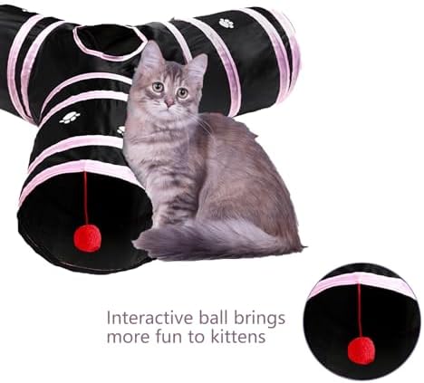 3 Way Cat Tunnel Collapsible Fun Pet Play Tube Toys for Cats, Kittens, Puppies & Rabbits - Portable Tunnel with Hanging Ball for Indoor Play, Hideout & Exercise