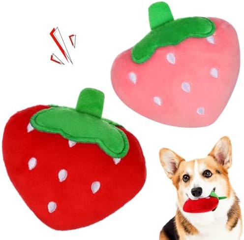 POPETPOP 2Pcs Dog Plush Squeaky Toys - Soft Strawberry Shape Interactive Puppy Chew Toy Stuffed Strawberry for Dogs Teething, Playing, Chewing for Holiday Christmas